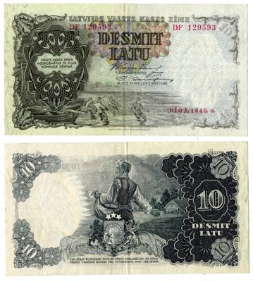 10 latu naudaszīme, iespiesta 1940. gadā Rīgā.