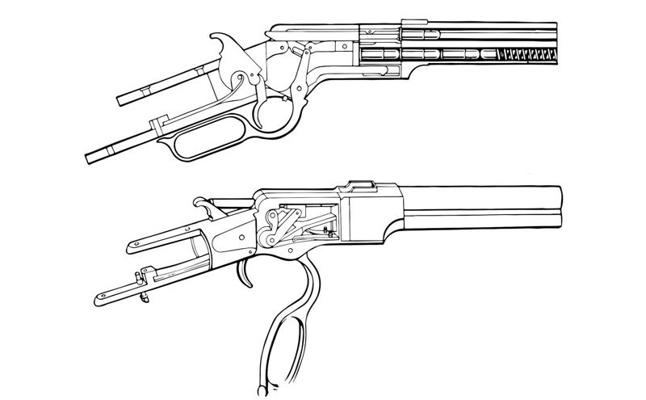 5. attēls: šautenes Henry Rifle M1860 stobra kārba ar aizslēga skavu un zemstobra patronkārba.
