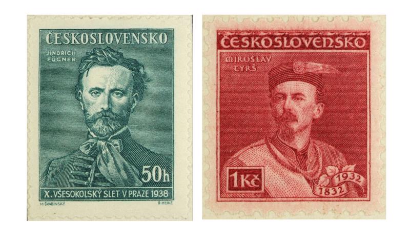 Sokol kustības dibinātāji Jindržihs Figners un Miroslavs Tiršs attēloti uz pastmarkām.