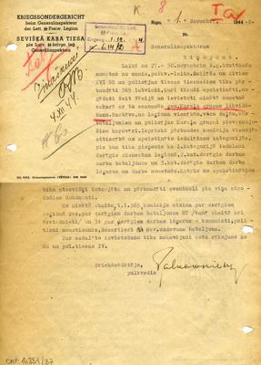 Latviešu leģiona Sevišķās kara tiesas priekšsēdētāja pulkveža Jāņa Palkavnieka ziņojums par Štuthofas koncentrācijas nometnē ieslodzītajiem kureliešiem. 01.12.1944.