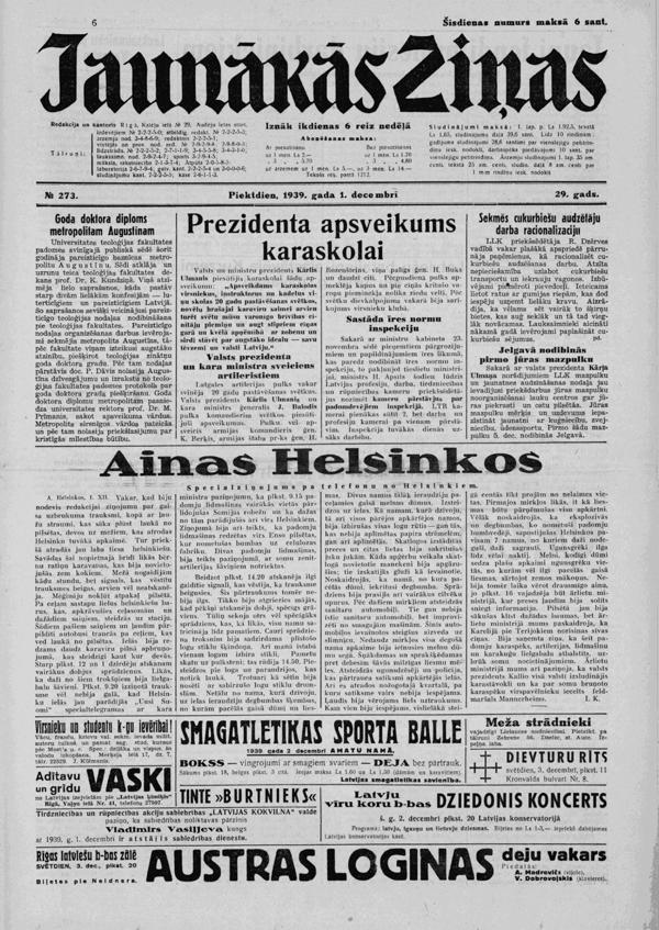 Speciālziņojums no Somijas “Ainas Helsinkos” laikrakstā “Jaunākās Ziņas” (Nr. 273, 01.12.1939.), sākoties Ziemas karam.