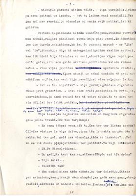 Ēvalda Vilka stāsta "Pusnakts stundā" mašīnraksta 3. lpp ar autora labojumiem, 1968. gads.