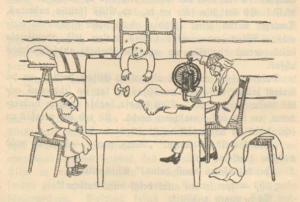 Jāņa Jaunsudrabiņa prozas darba "Baltā grāmata" iekšlapu ilustrācija ar Skroderi, kuru zīmējis pats autors. Rīga, Dzirciemnieki, 1914. gads.