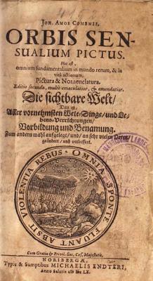 Jana Amosa Komenska mācībgrāmatas “Pasaule bildēs” (Orbis sensualium pictus – “Jutekļiem uztveramo lietu pasaule attēlos”) titullapa. 1660. gads.