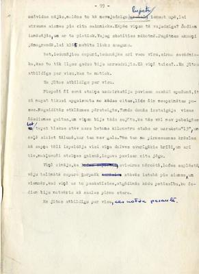 Ēvalda Vilka stāsta "Divpadsmit kilometri" mašīnraksta 99. lpp ar autora labojumiem, 1962. gads.