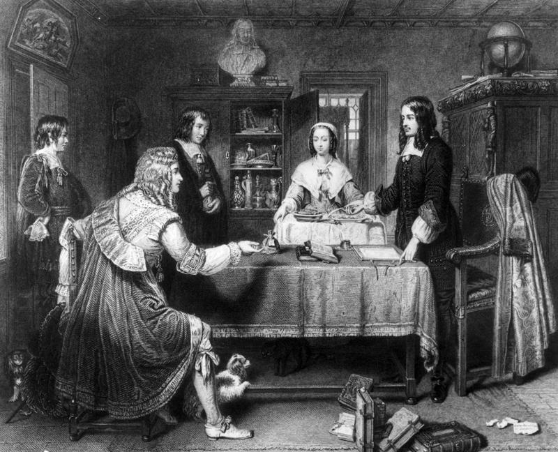 Britu politiķis lords Danbijs (sēž pa kreisi) piedāvā 1 000 gineju kukuli britu dzejniekam un parlamenta loceklim Endrū Marvelam (1621-1678). Ap 1660. gadu.