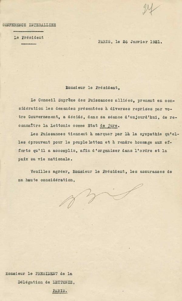 Sabiedroto konferences prezidenta Aristīda Briāna nota Latvijas delegācijas vadītājam Parīzē par Latvijas valsts atzīšanu de jure. Parīze, 26.01.1921.