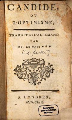 Voltēra pasakas "Kandids jeb optimisms" titullapa. 1759. gads.