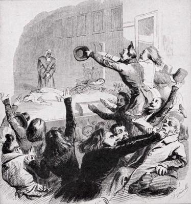 Karikatūra, kas ilustrē skatītāju reakciju uz Viktora Igo "Ernani" iestudējumu. 19. gs. vidus.