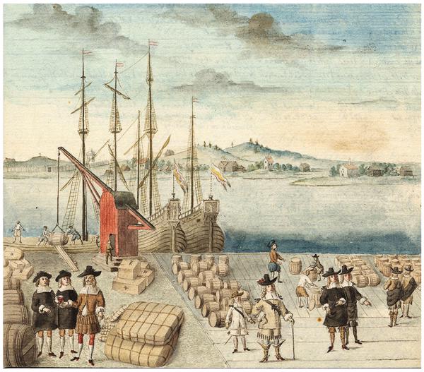 Siļķu, kaņepju, vīna izkraušana un šķirošana Daugavas krastmalā Rīgā, ostā pie Rātslaukuma, ap 1650. gadu.