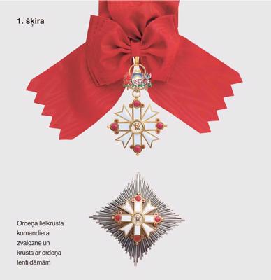 Viestura ordenis. 1. šķira: Ordeņa lielkrusta komandiera zvaigzne un krusts ar ordeņa lenti dāmām.