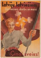 20. gadsimta 30. gadu radikālās latviešu nacionālistu organizācijas Latviešu tautas apvienības "Pērkonkrusts" plakāts. 1932./1933. gads.