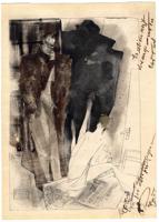 Kārlis Padegs. "Kavalieris Čikāgas mētelī (Kādas meitenes sapnis)". 1934. gads. Papīrs, tuša, akvarelis. 34,5 x 24 cm.