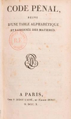 Kriminālkodeksa Code pėnal (1810) titullapa.