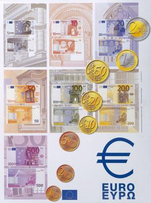 Plakāts ar eiro banknotēm un monētām. 01.01.2001.