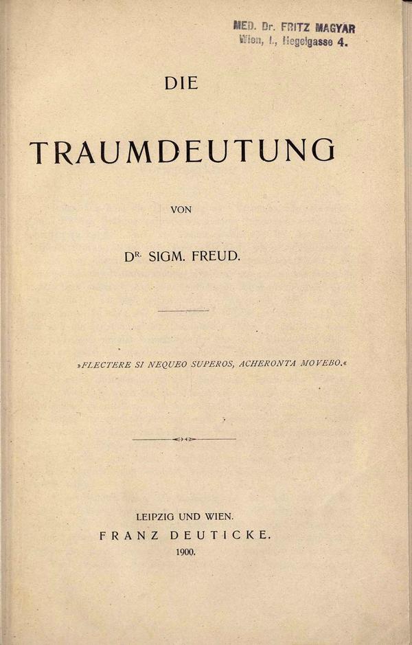 Zigmunda Freida darba “Sapņa interpretācija” (Traumdeutung, 1900) titullapa.