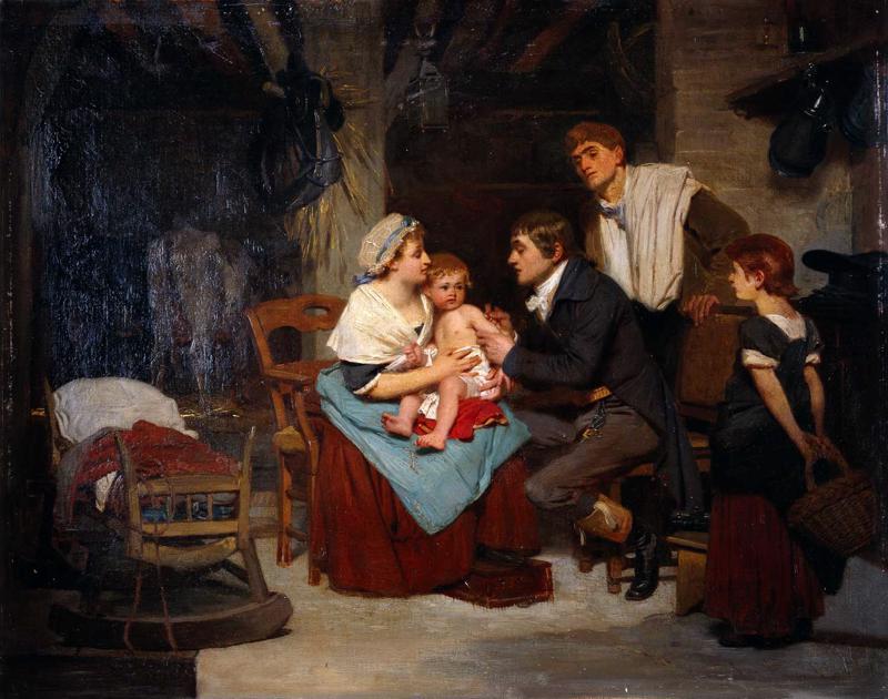 Edvards Dženners vakcinē zēnu. Mākslinieks Ežēns Ernests Ilmahers (Eugène Ernest Hillemacher). 1884. gads.