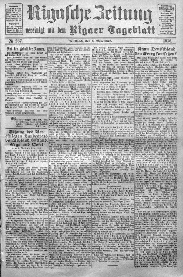 Laikraksta "Rigasche Zeitung" 06.11.1918. titullapa, kurā publicēta informācija par Baltijas apvienotās hercogistes izveides procesa sākumu.