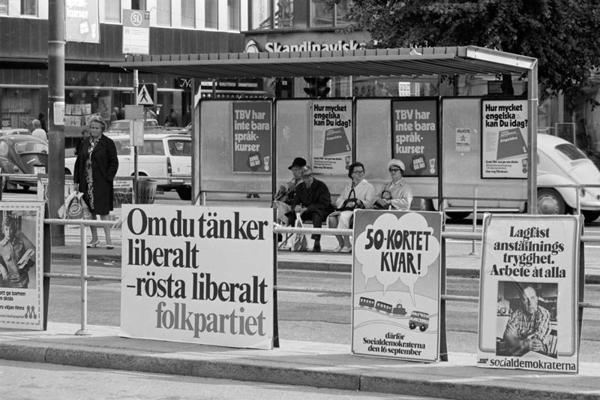 Vēlēšanu kampaņas plakāti Stokholmā. Zviedrija, 09.1973.