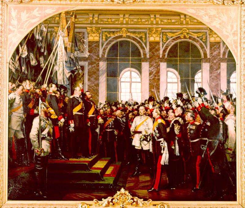 Antona fon Vernera (Anton von Werner) glezna, kurā attēlota Vācu Impērijas proklamēšana Versaļas pilī, 18.01.1871.