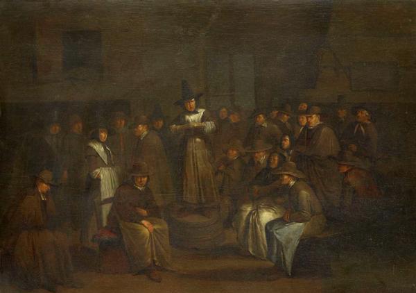 Egberts van Hēmskerks (Egbert van Heemskerck). "Kvēkeru saiets". Ap 1685. gadu.