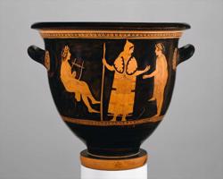 Terakotas trauks vīna un ūdens sajaukšanai, uz kura attēlots Orfejs ar mūzikas instrumentu, trāķietis un sieviete ar sirpi, simbolizējot Orfeja likteni. Senā Grieķija, ap 440. gadu p. m. ē.