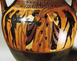 Amfora, uz kuras attēlots Dionīss, Ariadne un satīri. Grieķijas civilizācija, 6. gs. p. m. ē.