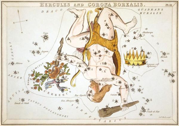 Herkulesa un Ziemeļu Vainaga zvaigznāju attēlojums atlantā "Urānijas spogulis jeb Skats uz Debesīm" (Urania's mirror, or, A view of the Heavens, Londona, 1824).