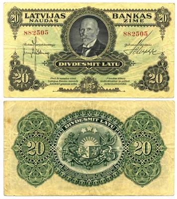 20 latu naudaszīme, iespiesta 1925. gadā Londonā.