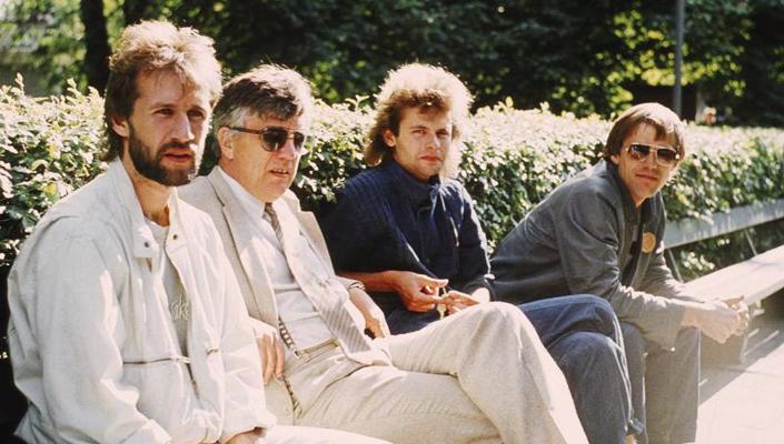 Uldis Marhilēvičs, Raimonds Pauls, Igo un Aivars Hermanis Dzintaru koncertzālē. 1986. gads.