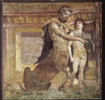 Freskā attēlots Heirons, kas māca Ahilleju. No bazilikas Herkulānā, Romas civilizācija, 1. gs.