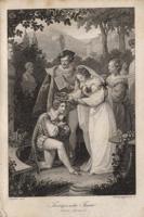 Torkvato Tasso uzdāvina hercogam pabeigto poēmu pils parkā, pēc tam viņu princese apbalvo ar lauru vainagu. Gravīra. Leipciga, 1832. gads.