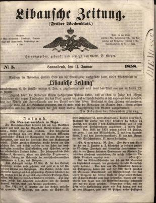 Dienas avīzes Libausche Zeitung, Nr. 5 (11.01.1858.) pirmā lapa.