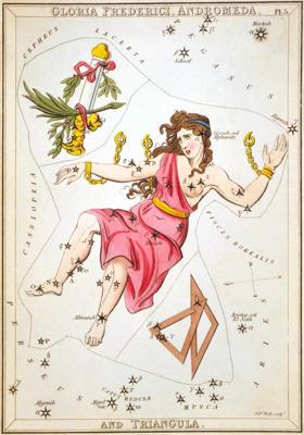 Andromedas zvaigznāja attēlojums atlantā "Urānijas spogulis jeb Skats uz Debesīm" (Urania's mirror, or, A view of the Heavens, Londona, 1824).
