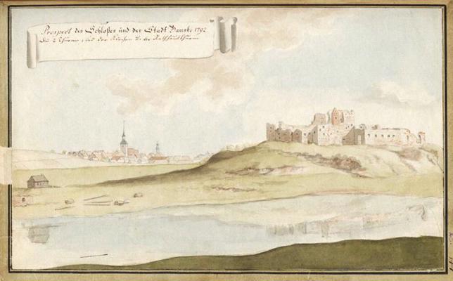 Bauskas pilsdrupas un pilsēta 1792. gadā (Prospect des Schloßes und der Stadt Bauske, 1792).