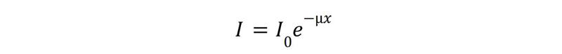 Bēra-Lamberta likums: I – paraugam cauri izgājušā starojuma intensitāte; I0 – sākotnējā starojuma intensitāte; µ – vielas absorbcijas koeficients; x – parauga biezums.
