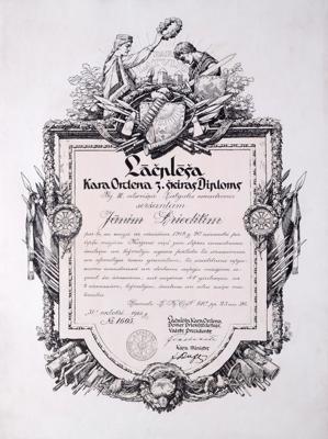 Lāčplēša Kara ordeņa III šķiras diploms Jānim Priedītim. 31.10.1923.