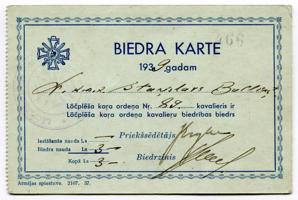 Lāčplēša Kara ordeņa kavalieru biedrības Staņislava Buliņa biedru karte. 20. gs. 30. gadi.