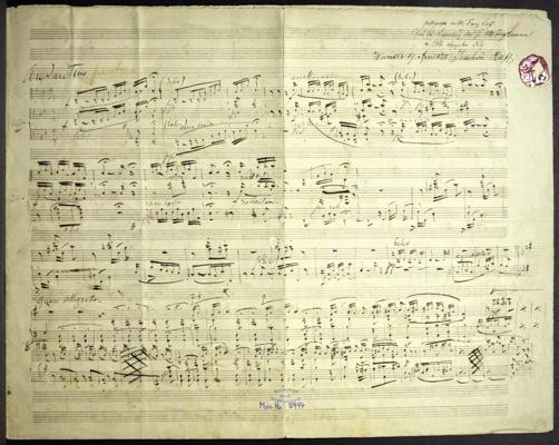 Ferenca Lista uzmetums (klavierēm) pastorālei no Džakomo Meierbēra (Giacomo Meyerbeer) operas ''Pravietis'' (Le prophète, 1849) ar autogrāfu.