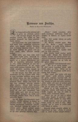 Noveles "Romeo un Jūlija" pirmpublicējums žurnāla “Mājas Viesa Mēnešraksts” 9. numurā, 1897. gadā.