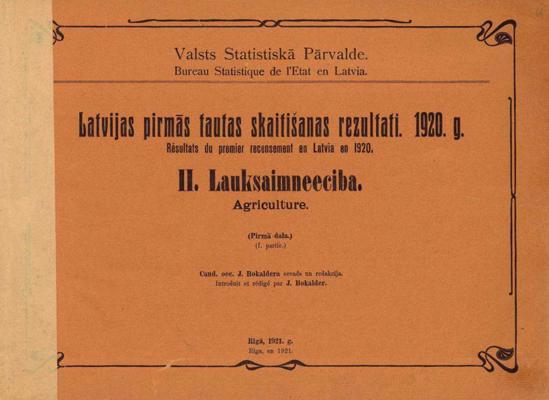 Latvijas pirmās tautas skaitīšanas rezultāti 1920. g. Rīga, Valsts Statistiskā Pārvalde, 1921. gads.