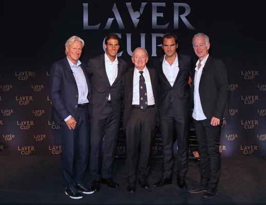 No kreisās: Bjerns Borgs, Rafaels Nadals, Rods Leivers (Rod Laver), Rodžers Federers (Roger Federer) un Džons Makenrojs (John McEnroe) pirms Leivera kausa izcīņas izziņošanas viesnīcā “St. Regis Hotel” Ņujorkā. 24.08.2016.
