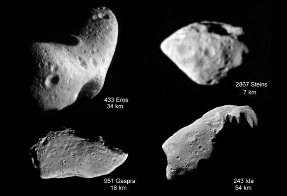 Asteroīds "Šteins" (augšā pa labi) salīdzinājumā ar citiem kosmisko aparātu pētītajiem asteroīdiem.
