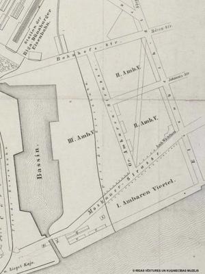 Spīķeru kvartāli. Fragments no Rīgas pārbūvētās fortifikāciju teritorijas kartes. 1864. gads.