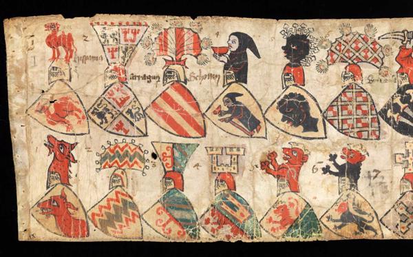 Bruņinieku ģerboņi Cīrihes ģerboņu kodeksā (Zürcher Wappenrolle, 1335./1345. gads.)