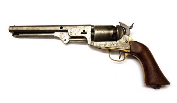 1. att. Kolta sistēmas sešu patronu revolveris M1851 "Navy" ar kapseles uzsitiena aizdedzi un vaļēju rāmi, .36 kalibrs (9,1 mm), pēc 1850. gada, ASV, Hartforda, Kolta ieroču rūpnīca.
