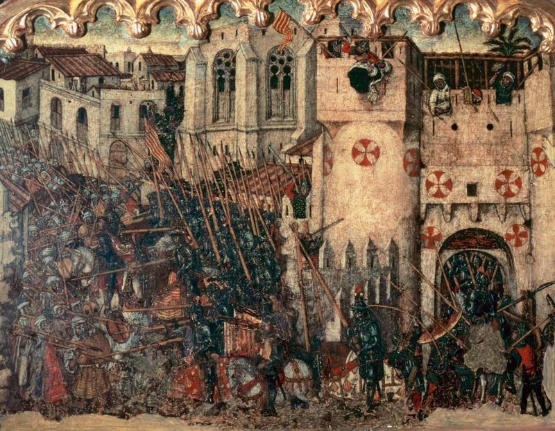 Aragonas karaļa Džeimsa I karaspēka ienākšana caur Majorkas pilsētas vārtiem 1229. gada 31. decembrī. Svētā Georga altārglezna, Majorkas Diecēzes muzejs (Museu Diocesà de Mallorca). Pērs Nisārs (Pere Niçard), ap 1470. 