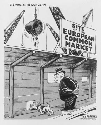 Edmunda Valtmana (Edmund Siegfried Valtman) karikatūra, kurā attēlots Padomju Savienības vadītājs Ņikita Hruščovs, vērojot būvlaukumu ar uzrakstu "Eiropas kopējā tirgus vieta", un viņa mazais suns Austrumvācijas līdera Valtera Ulbrihta izskatā stiepjas pie pavadas. 1962. gads.