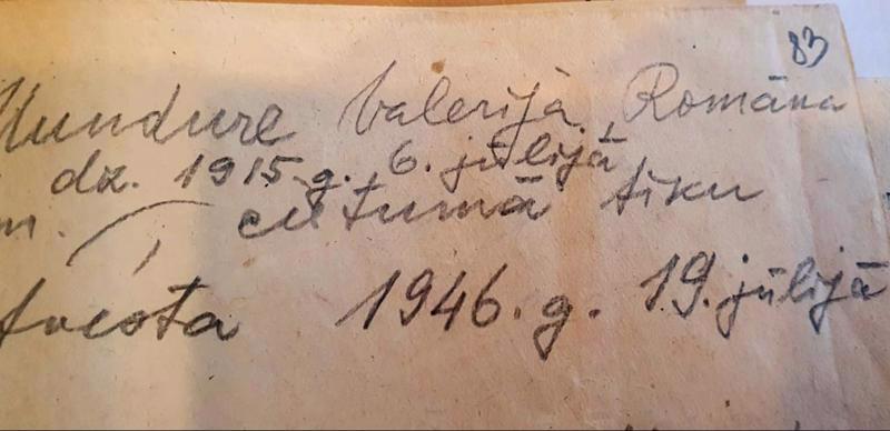 Valērijas Munduras cietumā rakstīta zīmīte. 1946. gads.