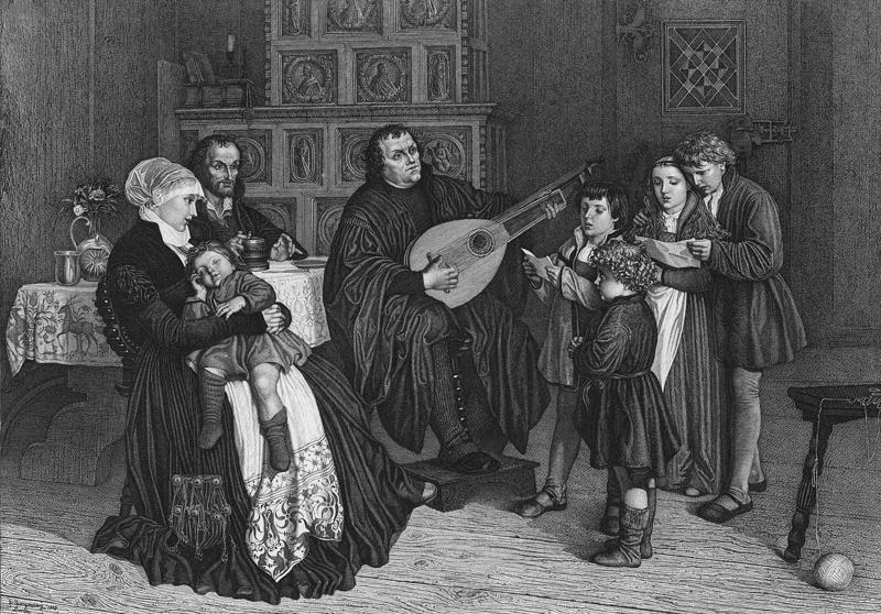 Mārtiņš Luters ar ģimeni. L. Šulca (L. Schulz) gravīra pēc Gustava Ādolfa Špangenberga (Gustav Adolph Spangenberg) gleznas. 20. gs. sākums.